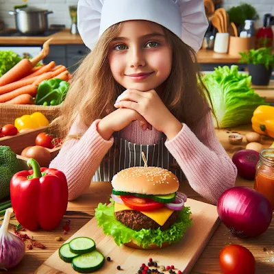 Auf dem Bild ist ein kleines Mädchen mit einem vegetarischen Burger zu sehen. Sie hat eine Kochmütze auf und den Burger selberhergestellt. Der Burger besteht aus einer Kichererbsenmasse und wurde gebraten. Er liegt auf einem Burger-Paties mit Gurken, Tomaten, Zwiebeln und Käse.