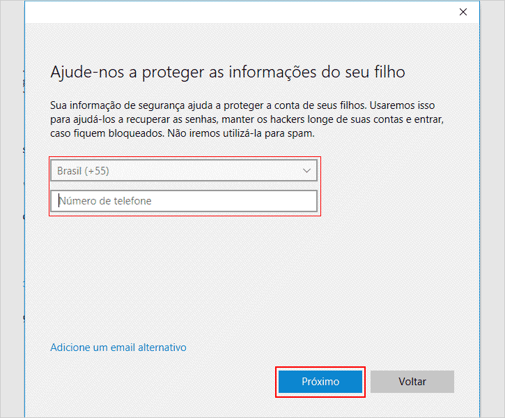 Ajudando proteger informações do seu filho no Windows 10