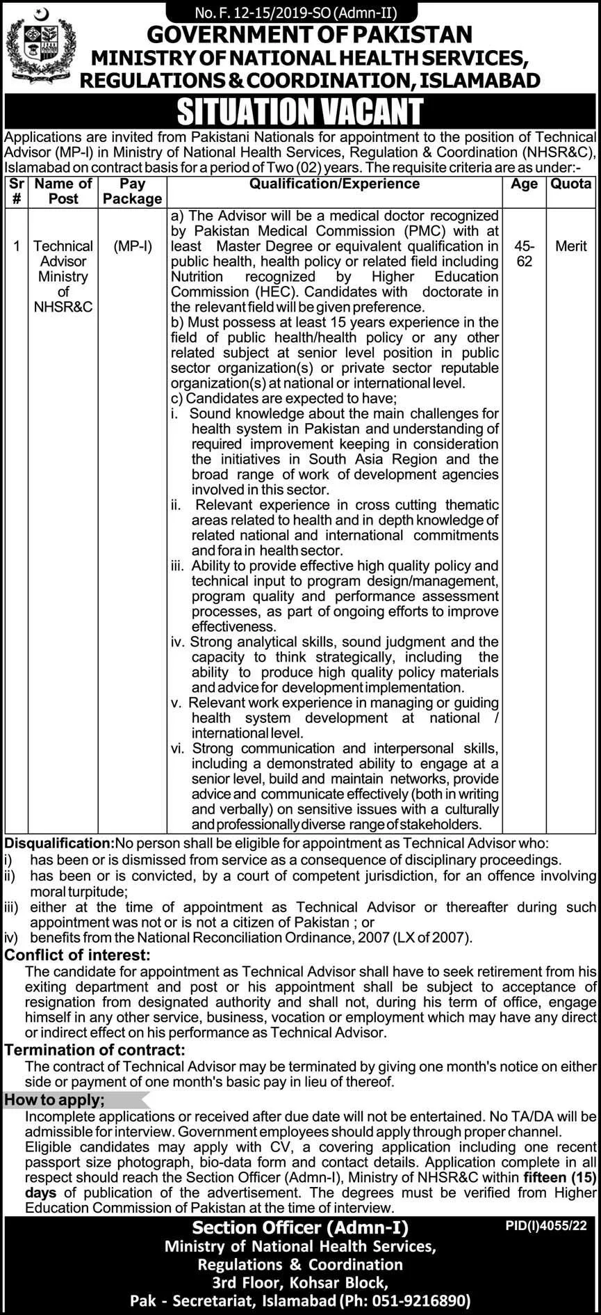 Ministry of NHSRC Islamabad Jobs 2023 for Technical Advisor | Pak jobs