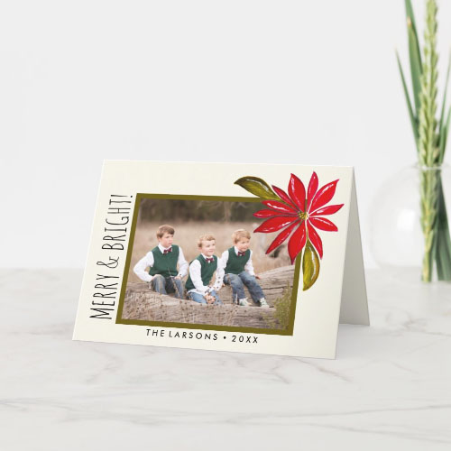 Classic Hand Painted Poinsettia and Family Photo Folded Christmas Card