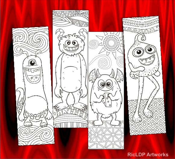 coloring bookmarks with cute monsters