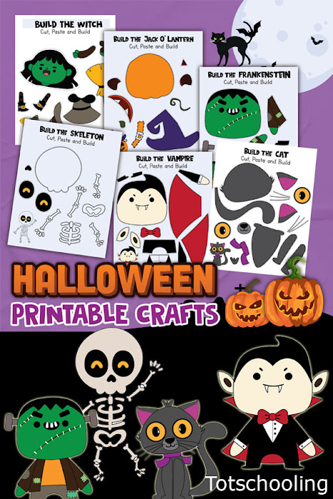 FREE printable Halloween crafts for kids to cut and paste and practice scissor skills! Cute witch, skeleton, vampire, zombie and more!