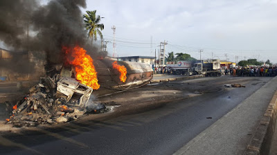 PHOTOS: Fuel Tanker Explosion In Lagos cele bustop nigeria gistertainment