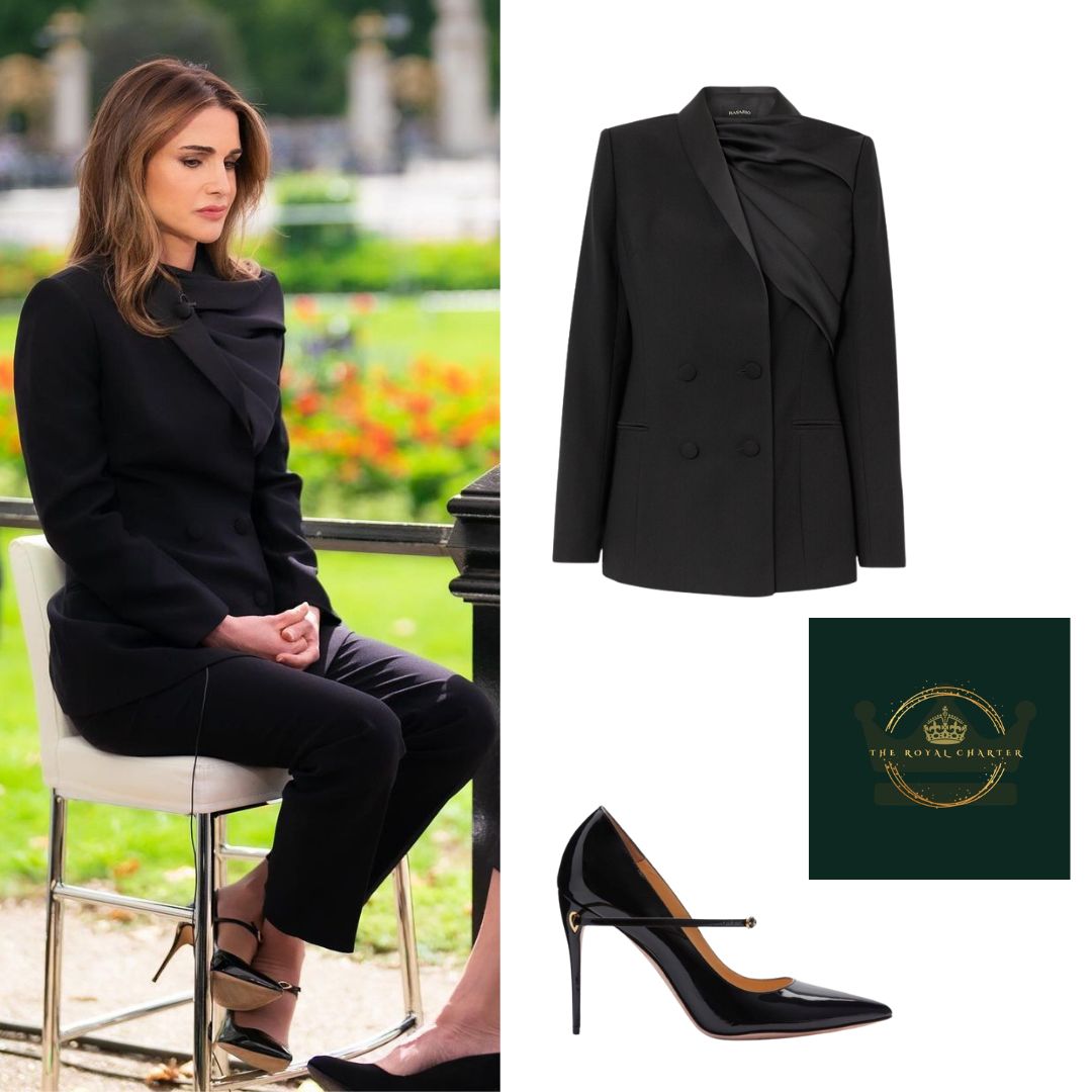 Queen Rania was wearing Rasario Draped Double-breasted blazer with a matching trouser and her Jennifer Chamandi Lorenzo black pumps