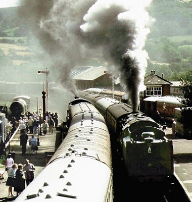 Trains passing at Winchcombe on the restored Glos-Warwicks line.  ©2006 Arthur Loosley