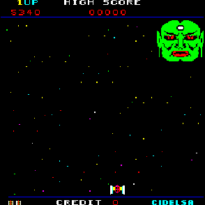 Complete playthrough of the boss battle in the 1980 arcade game, Destroyer.  The player shoots at a giant head with a blinking hole in its forehead.