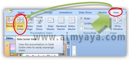  Gambar:  Cara merubah view menjadi Slide Sorter di Powerpoint