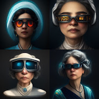 Ilustração com quatro mulheres com óculos escuro refletindo uma tela nas lentes.