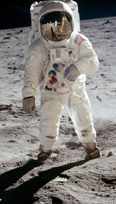 Astronaut Buzz Aldrin, photographed by Neil Armstrong (visible in reflection)