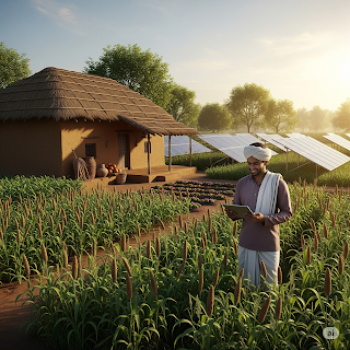 Indian ancestral farm: solar, mud house, millet, farmer.