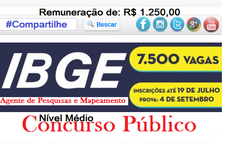 Inscrições Abertas á partir de 21/06 - Concurso Agente de Pesquisas e Mapeamento - IBGE