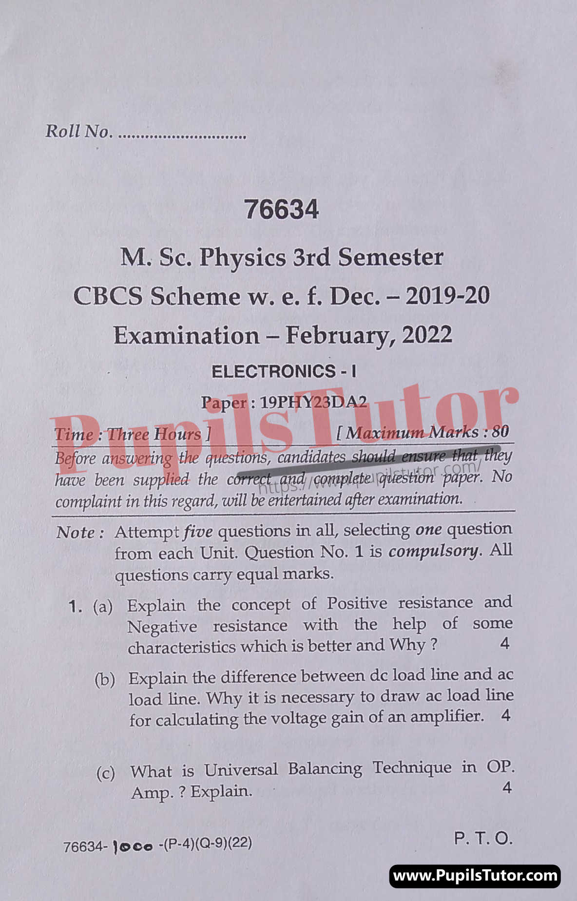 MDU (Maharshi Dayanand University, Rohtak Haryana) MSc Physics CBCS Scheme Third Semester Previous Year Electronics Question Paper For February, 2022 Exam (Question Paper Page 1) - pupilstutor.com
