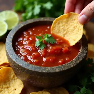 Fresh homemade salsa in a stone bowl with tortilla chips.