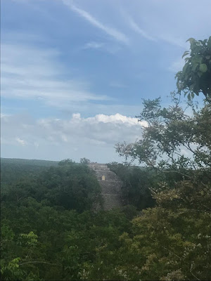 En la zona arqueológica de Calakmul, vista desde la Estructura II rumbo la Estructura I, de fondo la Reserva de la Biosfera de Calakmul. En el clásico mesoamericano, Calakmul rivalizó con Tikal y Palenque por ser la ciudad maya de mayor importancia.  Fotografía de septiembre del 2019.