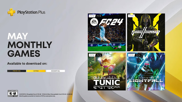 playstation plus destiny 2 lightfall ea sports fc 24 ghostrunner 2 tunic ps4 ps5 sony interactive entertainment bungie electronic arts one more level 505 games isometricorp finji may 2024
