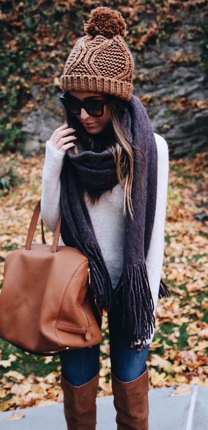 cute outfit: hat + scarf + sweater + bag + jeans + over the knee boots