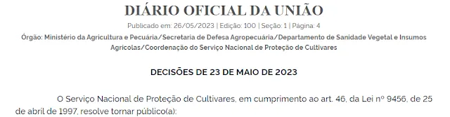 Imagem mostra publicação do Ministério da Agricultura sobre cancelamento de cultivar de cana no Diário oficial da União de 26/05/23