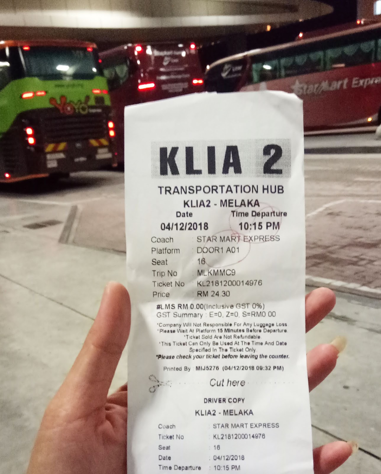 Tiket bus dari KLIA 2 ke Melaka Sentral