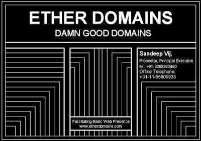 Visiting Card Ether Domains - Damn Good Domains. ED facilitate/s basic web presence. Find website address on here. Tell All Delhi is subproject under Tell All India under ED.