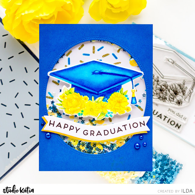 Graduation Card, Shaker Card, Studio Katia, blue, yellow, masculine, Card Making, Stamping, Die Cutting, handmade card, ilovedoingallthingscrafty, Stamps, how to,