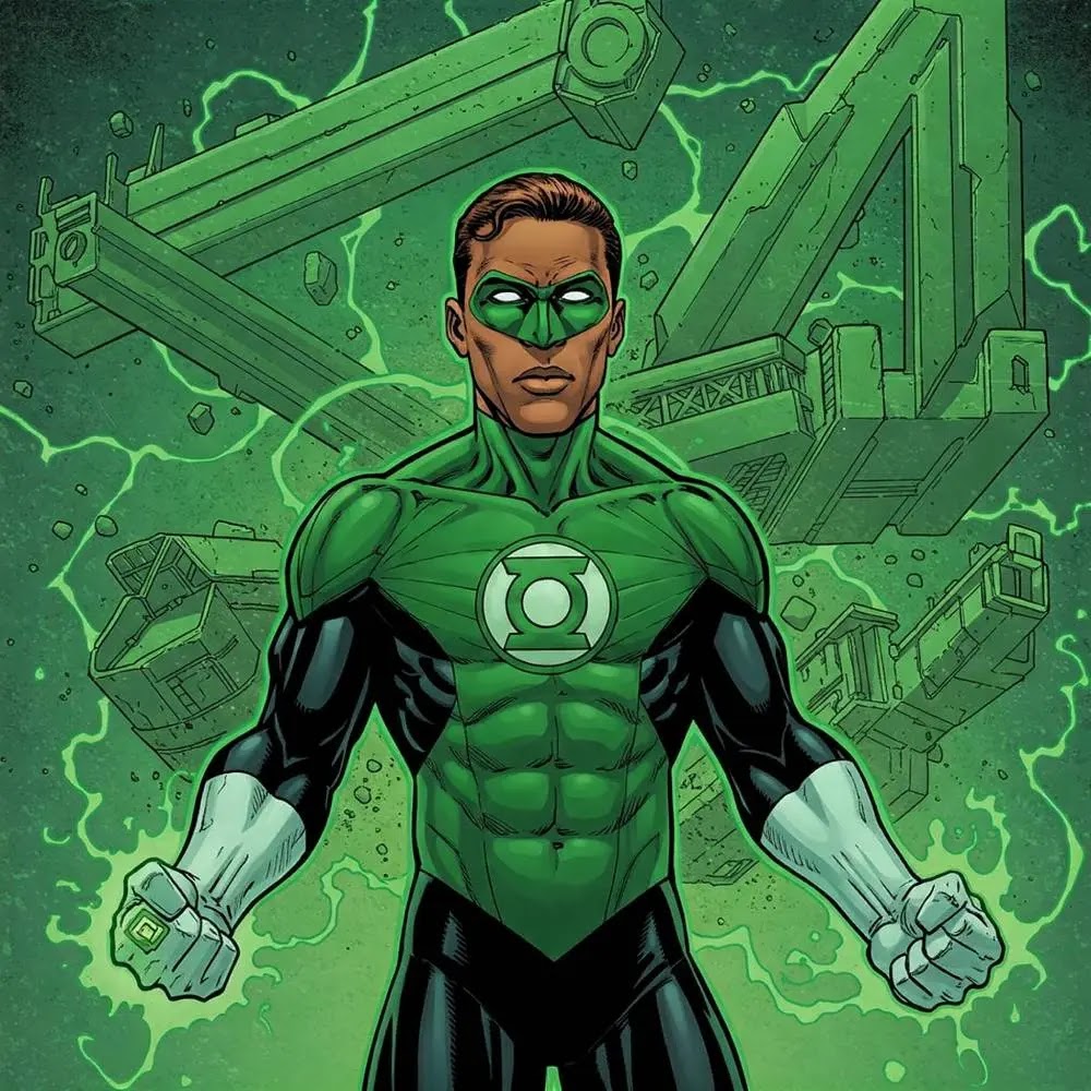 Illustration of Green Lantern John Stewart surrounded by detailed, architectural green energy constructs he created with his power ring.
