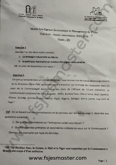 Exemple Concours Master Intelligence Économique et Management de Projet 2023-2024 - Fsjes Salé