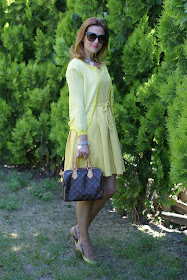 yellow bon ton dress, LV Speedy 25, Gaia d'Este shoes, Fashion and Cookies