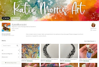 a screenshot of the KatieMorrisArt Etsy shop with thumbnail pictures of available artwork