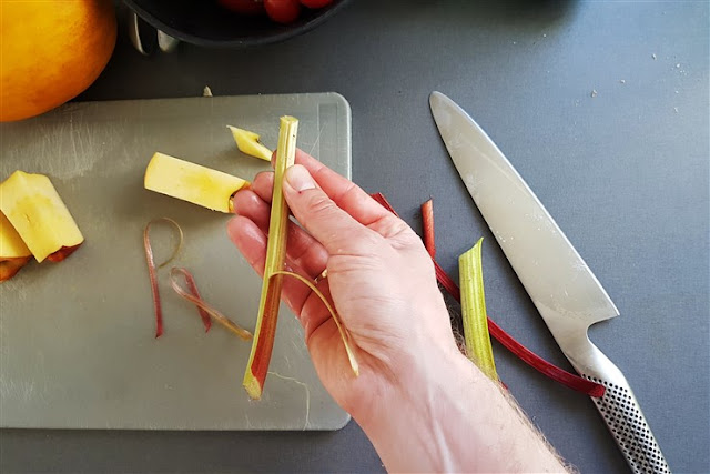 peeling rhubarb stems