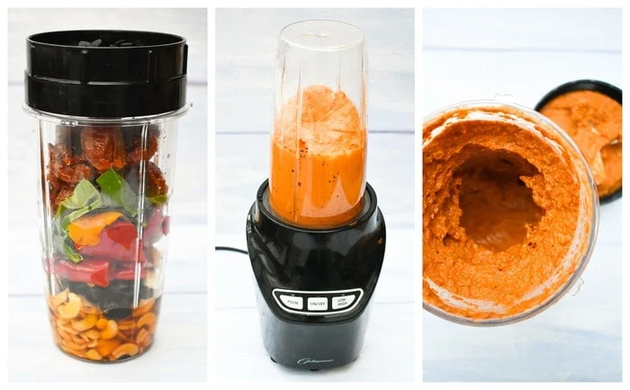 Ingredients for Red Pepper and Olive Spaghetti Sauce - photos show how ingredients in a blender jug, then finished creamy sauce