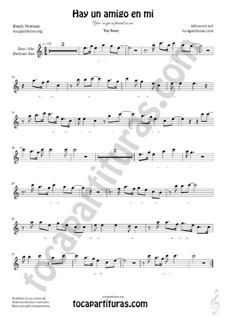  Saxofón Alto y Sax Barítono Partitura de Hay un amigo en mi Sheet Music for Alto and Baritone Saxophone Music Scores