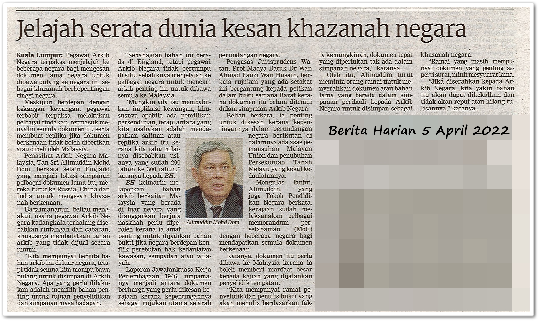 Jelajah serata dunia kesan khazanah negara - Keratan akhbar Berita Harian 5 April 2022