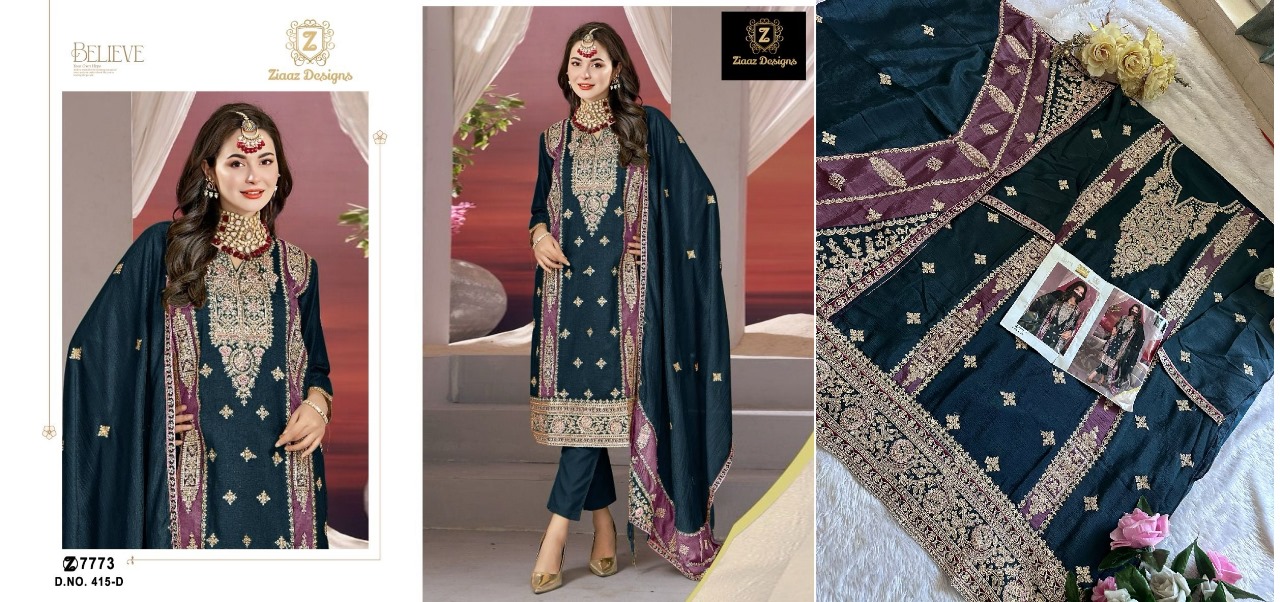 415 Ziaaz Designs Chinon Embroidery Work Pakistani Salwar Suits