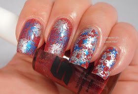 UberChic Beauty Fourth of July mini plate over Shinespark Polish Heart Of A Hero, stamped with Hit The Bottle Polish Blue-tiful and Messy Mansion Sterling