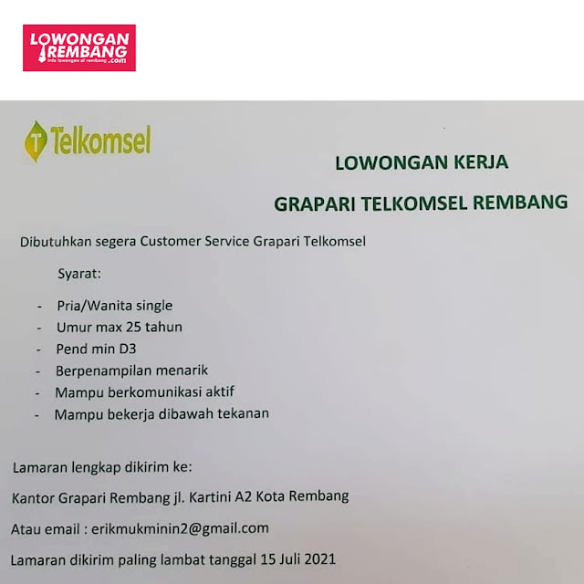 Lowongan Kerja Customer Service Grapari Telkomsel Rembang