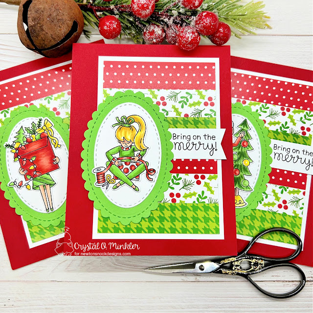 Bring on the merry by Crystal features Christmas Trimmings, Meowy Christmas, and Oval Frames by Newton's Nook Designs; #inkypaws, #newtonsnook, #holidaycards, #christmascards, #cardchallenges, #cardmaking