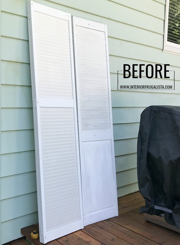 How to hide unsightly outdoor house vents with repurposed wooden louvered bifold doors into a DIY outdoor bar table plus BBQ grilling utensil holder.