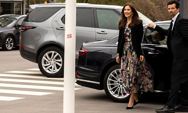 Crown Princess Mary wore a floral maxi dress by Rotate Birger Christensen. Mary wore a black blazer by Alexander McQueen