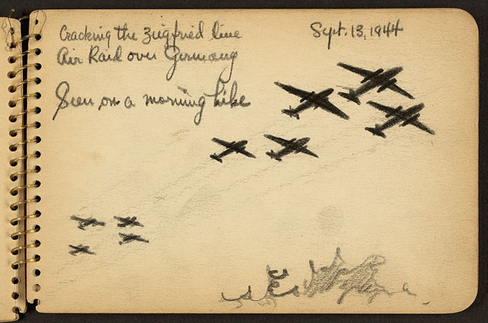 21-Year-Old WWII Soldier’s Sketchbooks Show War Through The Eyes Of An Architect - Cracking The Zeigfried [I.E. Siegfried] Line, Air Raid Over Germany Seen On A Morning Hike