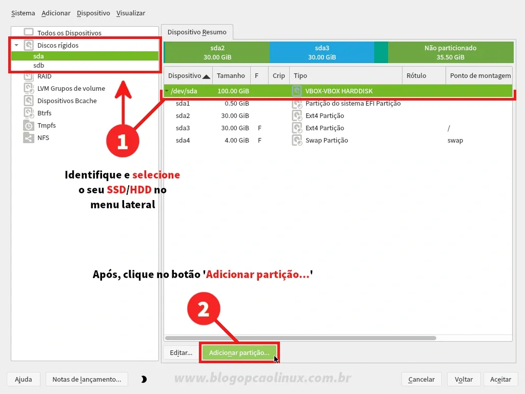 Para criar uma nova partição HOME, selecione o seu SSD/HDD e clique no botão 'Adicionar partição...'