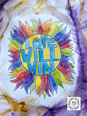 A sunflower illustration reads Love Will Win the center of its bloom. It is colored with rainbow Pride petals and the colors of the Ukrainian flag make up the blossom’s center. There are gold and purple color splashes around it, the colors of the American Women’s Movement.