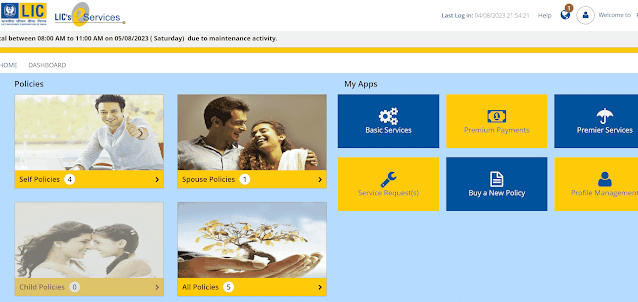 ebiz lic login policyholder Dashboard page of Loc Login India