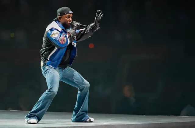 "Kendrick Lamar performing live at a concert, capturing his energy and passion." "Still image from Luther, showcasing a tense moment from the crime drama."