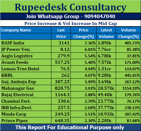 Price Increase & Vol Increase In Mid Cap