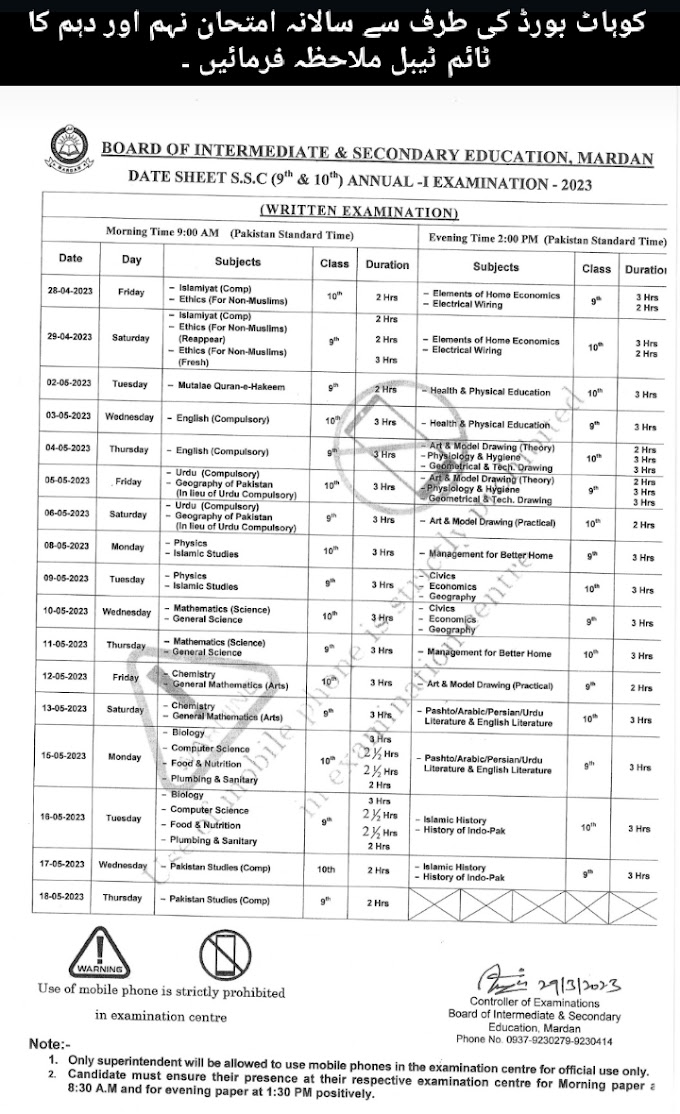 Date Sheet Board of intermediate & Secondary Education,Mardan 