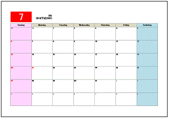 書式テンプレート 2014年 平成26年 7月カレンダー 無料書式