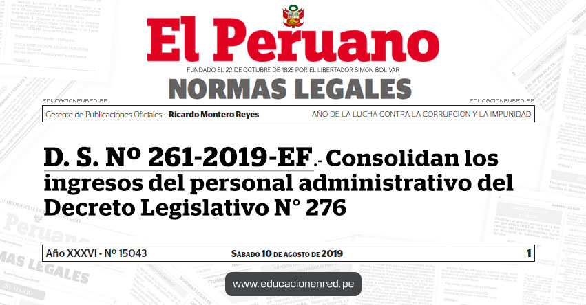 D. S. Nº 261-2019-EF - Consolidan los ingresos del personal administrativo del Decreto Legislativo N° 276