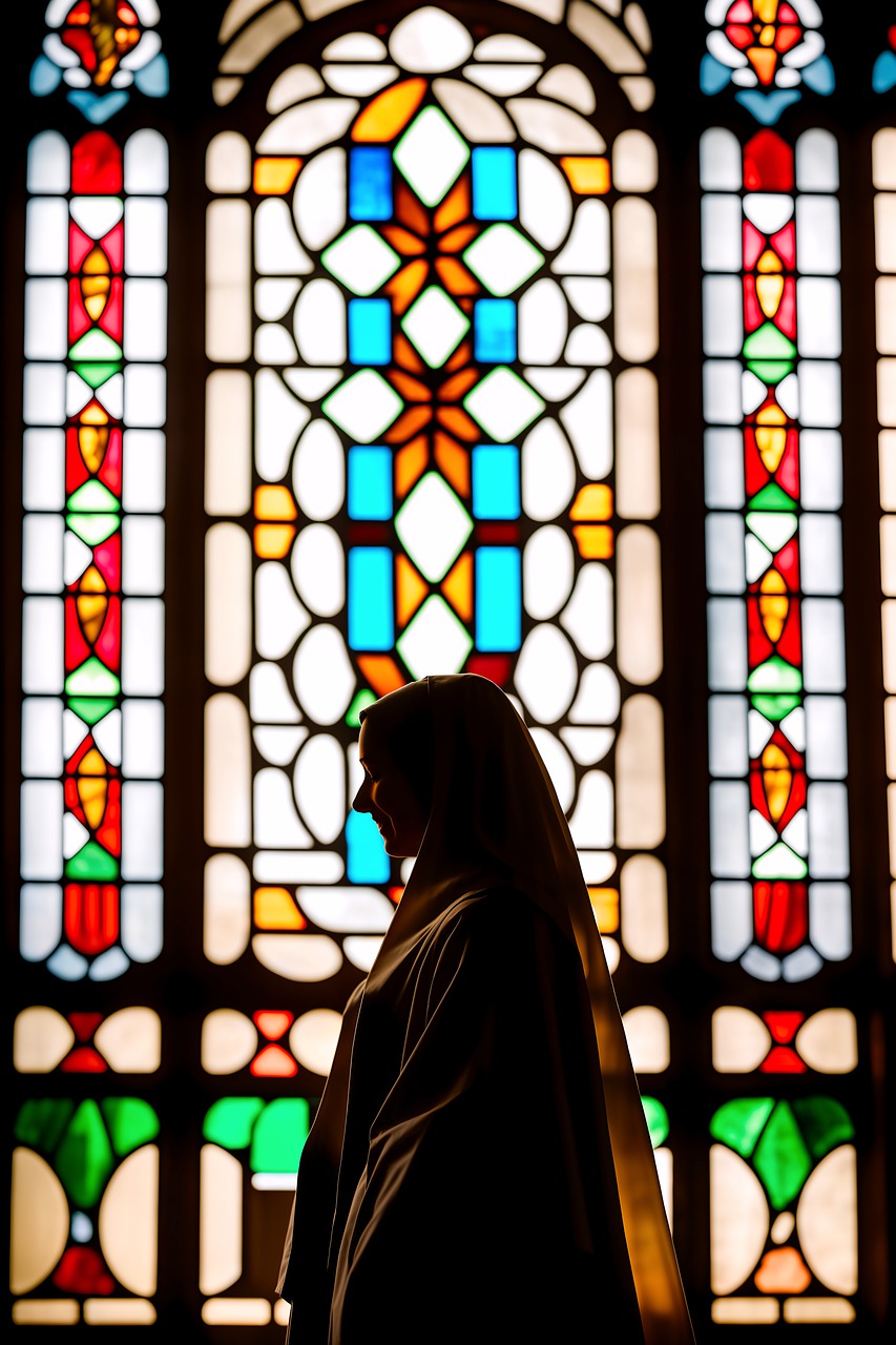 happy nun in a church with stained glass windows