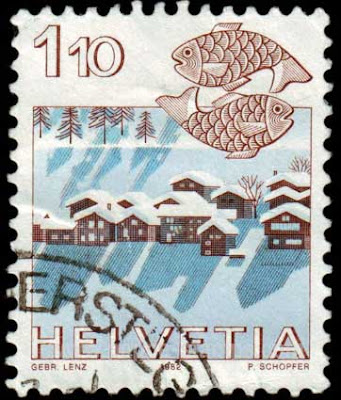 Pisces sign without the connecting cord appears on a Swiss postage stamp 