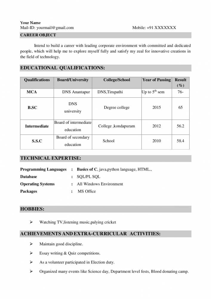 Download MCA Freshers Resume Sample in word Format | ECE ...